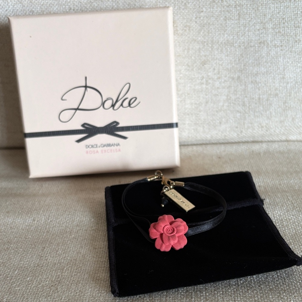 Dolce & Gabbana Black Bracelet with Pink Flower Charm
